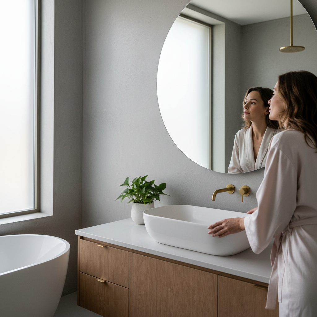 Une femme entrain de se regarder dans le miroir d'une salle de bain format carré